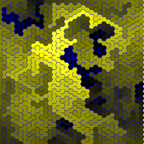 Hexagon Maze with blue walls colored in a yellow-black gradient