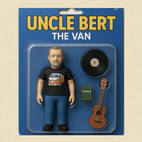 AI generated action figure of me with vinyl record, cookbook and ukulele