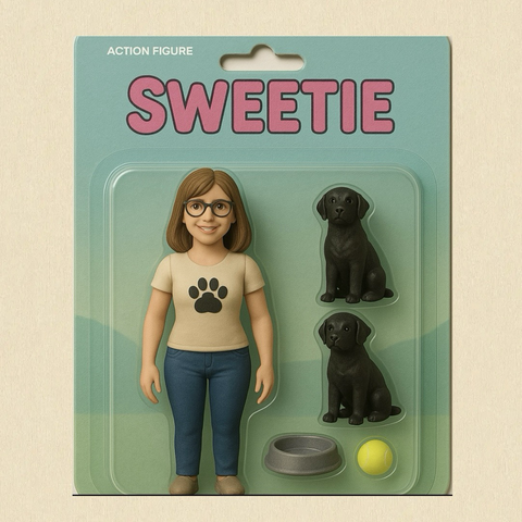 AI generated action figure of Sweetie with 2 black Labradors, dog bowl and tennis ball
