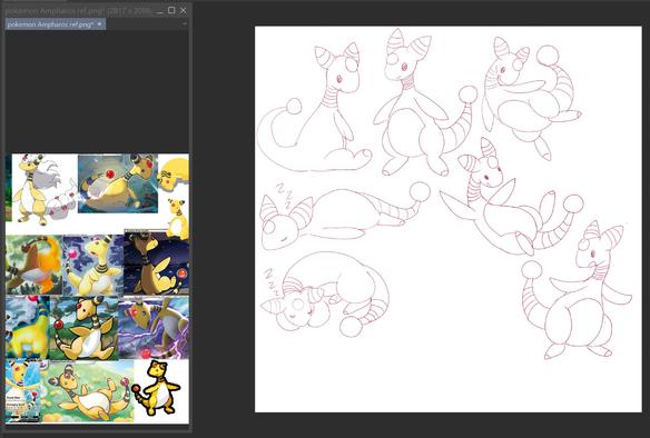 7 sketch of the pokemon ampharos in various poses, 2 where its sleeping