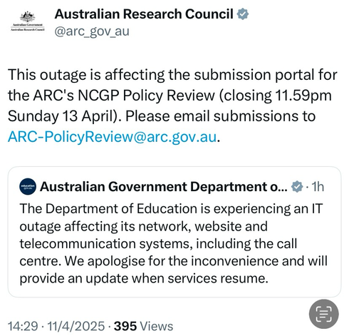 Screenshot of a tweet from the ARC providing an email address alternative to the Education Department’s portal for submissions to the review of the ARC grant process.