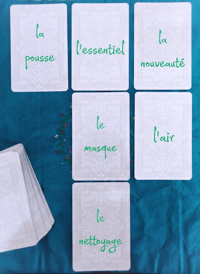 Dos de six cartes de tarot disposées sur un tissu bleu canard.
Texte ajouté sur chaque carte :
le masque
la pousse
l'air
le nettoyage
l'essentiel
la nouveauté