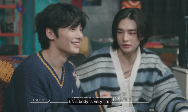 Hyunjin looks at I.N's chest and says, "I.N's body is very firm"