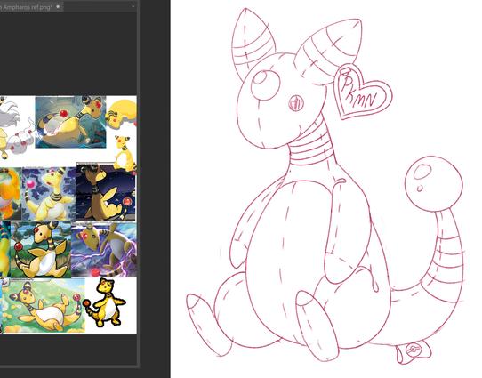 the pokemon ampharos as a stuffed animal beanie baby, their heart tag on the ear says "pkmn" and there is a pokeball on the tail tag