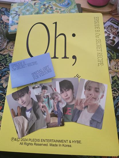 Seventeen Merch - Oh, Our Secret Recipe - on my messy desk with Photocards of DK, Wonwoo and S,Coups