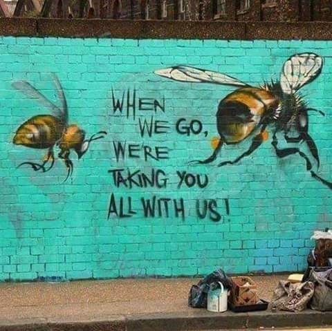 Mural of two large, realistic bees painted on a turquoise brick wall with the bold message: “WHEN WE GO, WE’RE TAKING YOU ALL WITH US!” The bees are mid-flight, one facing forward and the other turned to the side, emphasizing movement and urgency. The mural comments on the ecological crisis and the vital role bees play in our survival. Spray paint cans and a backpack are visible on the ground, suggesting the mural was recently painted.