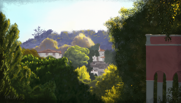 A digital painting depicting a view across a leafy, sunlit valley. A few buildings are poking out through the trees in a blue-ish distance haze, and in the foreground, a large building with arches and columns, painted in pink and white, stands in the shadow on the largest trees. The light hitting all the trees is golden and warm.