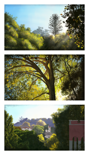 A tall image showing all three tree paintings arranged in a triptych on a white background. Top, a wide view of tree tops with some close up leaves silhouetted in the foreground. Middle, a view of a tree canopy from underneath with sunlight striking through the leaves. Bottom, another wide view of tree tops, with white and pink buildings poking through.
