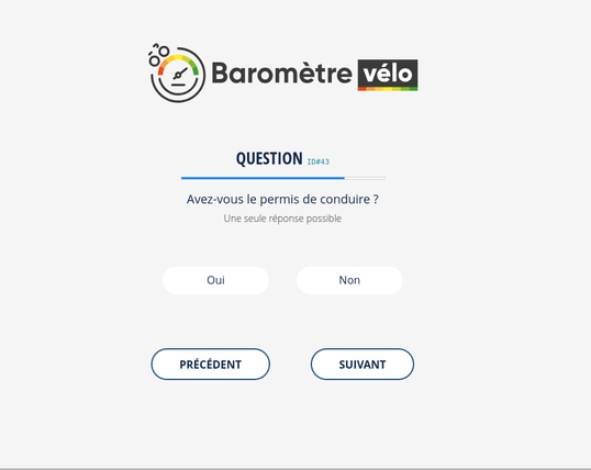 Capture d’écran du questionnaire du Baromètre vélo 2025. La question affichée est : "Avez-vous le permis de conduire ?" (Une seule réponse possible.)

Deux options sont proposées sous forme de boutons : oui ou non.

Les boutons "Précédent" et "Suivant" sont visibles en bas de l’écran.