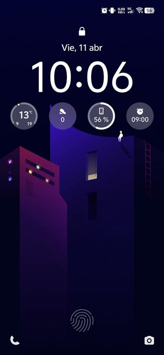 Captura de pantalla de bloqueo de smartphone con edificios y persona sentada en el borde de uno dibujados en colores azul y rojo oscuro.
