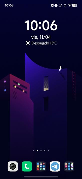 Captura de pantalla de escritorio de smartphone con edificios y persona sentada en el borde de uno dibujados en colores azul y rojo oscuro.