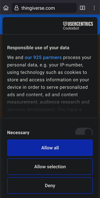 Screenshot from website thingiverse where a popup is blocking me from seeing anything unless I agree or deny them the ability to share my data with 925 different partners.