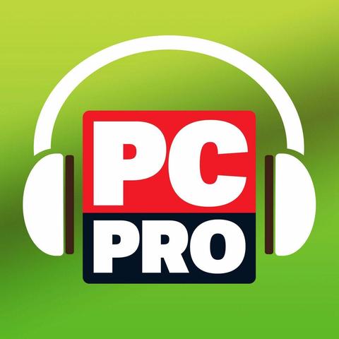 Logo for the (UK) PC Pro magazine showing a square divided into an upper and lower portions. The upper portion has a red background with the letters PC in white, and the lower portion has a black background with the letters PRO in white. The central square has a stylised set of white ear phones with black parts where it would touch the head. The background is a light green.