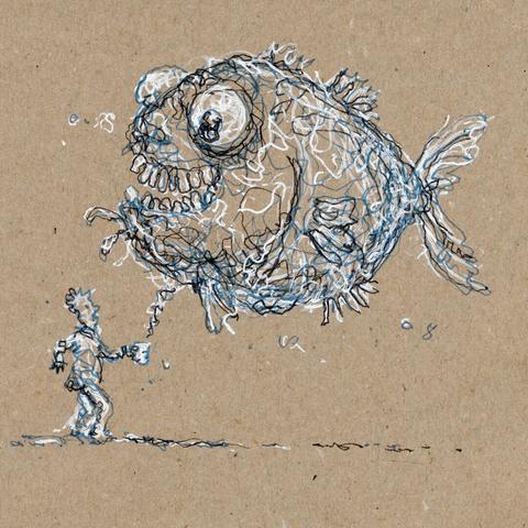 Drawing: a person holding a cup, from which a large, hovering fish arises, similar to  a genie from a bottle. Drawn with wiggly, tangled lines (white, blue and black) on grey paper.