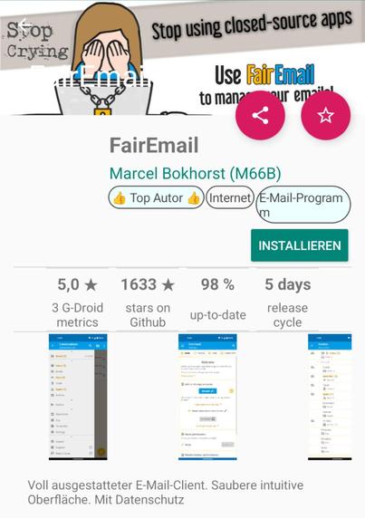 Screenshot of a G-Droid window, displaying a 5 Star rating. The rating comes from Github stars, the pace of updates and the release cycle