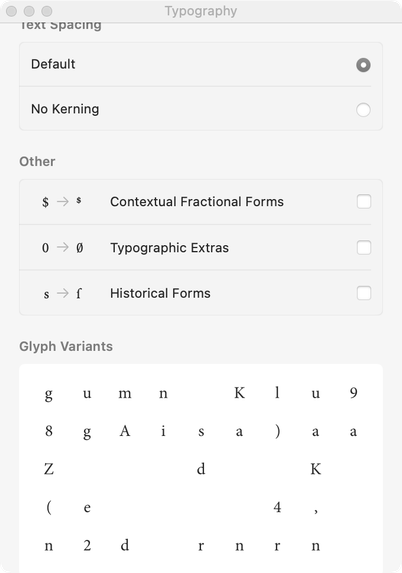 Screenshot from the typography panel in TextEdit showing the supported OpenType Features.