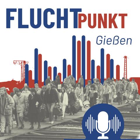 Das Cover des Podcasts „Fluchtpunkt Gießen“. Man sieht viele Menschen vor der Silhouette der Stadt Gießen, die in eine Richtung laufen.