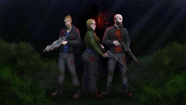 three people standing in the dark with weapons drawn and a big bad zombie boss behind them