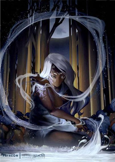 illustration of an otherworldly woman sitting by a silver lake with water rising up and around her