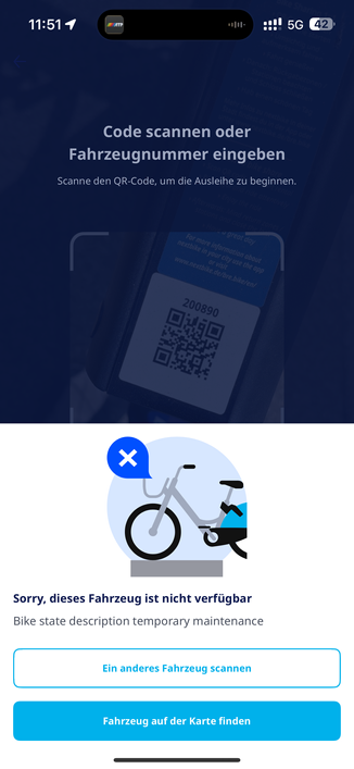 Screenshot Nextbike App mit Fehlermeldung 

Sorry, dieses Fahrzeug ist nicht verfügbar
Bike state description temporary maintenance