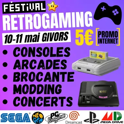 Affiche de promotion sur fond violet pour un festival Retrogaming qui aura lieu les 10 et 11 mai à Givors. On pourra y voir des consoles, des bornes d'arcades, une brocante, du modding et des concerts. Le prix de vente des billets est de 5€. On voit sur le côté gauche de l'affiche le logo d'une manette de jeu, une super nintendo et une megadrive.