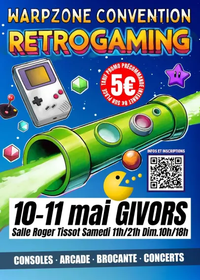 Affiche de promotion pour une convention de retrogaming nommé 
WARPZONE.
L'affiche est sur fond bleu avec un tuyau vert de Mario entouré de petits diamants colorés, d'un pacman, d'un joystick et d'une game boy.
En bas de l'affiche on peut lire :
10-11 mal GIVORS
 Salle Roger Tissot Samedi de 11h à 21h et Dimanche de 10h à 18h.
Un bandeau tout en bas précise  "CONSOLES - ARCADE - BROCANTE - CONCERTS "