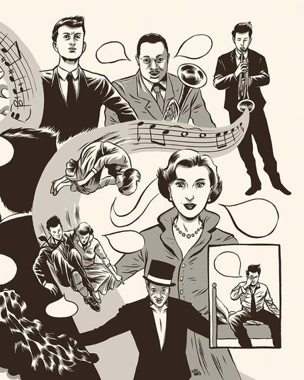 Detail from a b&w splash comic page representing a dream sequence. Various characters are loosely arranged. In the top right corner the protagonist, dressed in a black suit, is blowing the trumpet. The sound emerges from the trumpet as a stream with a pentragram and notes in it. A woman first, and the protagonist together with the woman are sliding down this stream.
In the lower corner we see a small panel with the protagnist, who has just woken up, rubbing his eyes.