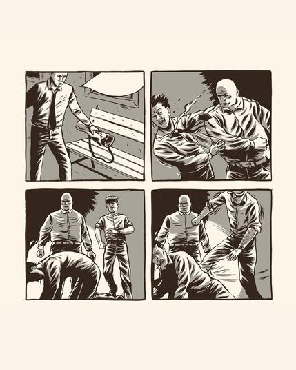 A four-panel extract from the comic showing the protagonist getting into a fight with two thugs. He first gets punched in the face, then when he's down on his knees the other thug kicks him in the belly.