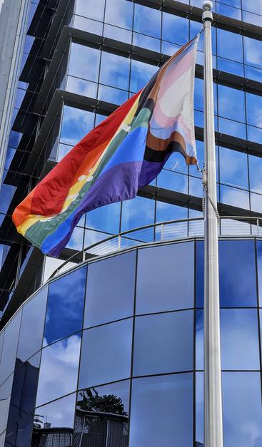 An LGBTQIA+ progress flag flapping in the wind in front of a giant tower building with mirror like windows covering the entire exterior.  The windows reflecting back the big blue Florida sky with fluffy white clouds and other surroundings.