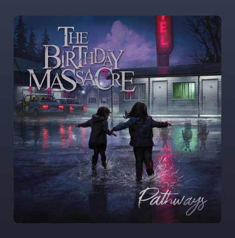 The album cover for *Pathways* by The Birthday Massacre features a dark, moody scene set in front of a vintage roadside motel at night. The motel rooms are numbered, with doors lit by cold, bluish-white light, and a glowing red “MOTEL” sign looms above. In the foreground, two young girls are holding hands and running joyfully through a large puddle, their reflections mirrored in the wet pavement. The sky is cloudy and purple-hued, enhancing the mysterious, almost surreal atmosphere. The band's name appears in stylized white and pink lettering with a gothic flair, while the album title “Pathways” is handwritten in a soft, cursive script at the bottom. The scene blends innocence with eerie overtones, fitting the band’s signature dark aesthetic.