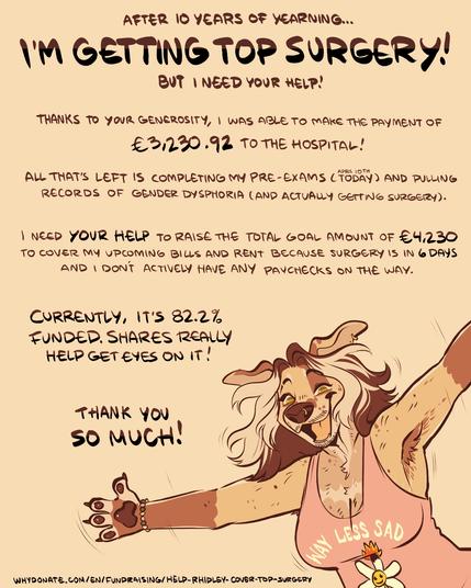 AFTER 10 YEARS OF YEARNING...

I'M GETTING TOP SURGERY!

BUT I NEED YOUR HELP!

THANKS TO YOUR GENEROSITY, I WAS ABLE TO MAKE THE PAYMENT OF €3,230.92 TO THE HOSPITAL!

ALL THAT'S LEFT IS COMPLETING MY PRE-EXAMS (TODAY) AND PULLING RECORDS OF GENDER DYSPHORIA (AND ACTUALLY GETTING SURGERY).

I NEED YOUR HELP TO RAISE THE TOTAL GOAL AMOUNT OF €4,230
TO COVER MY UPCOMING BILLS AND RENT BECAUSE SURGERY IS IN 6 DAYS AND I DON'T ACTIVELY HAVE ANY PAYCHECKS ON THE WAY.

CURRENTLY, IT'S 82.2%
FUNDED. SHARES REALLY
HELP GET EYES ON IT!

THANK YOU SO MUCH!

An illustration of the artist's fursona with a tank top on that says "WAY LESS SAD" with a daisy under the text

WHYDONATE.COM/EN/FUNPRAISING/HELP-RHIDLEY- COVER-TOP-SURGERY
