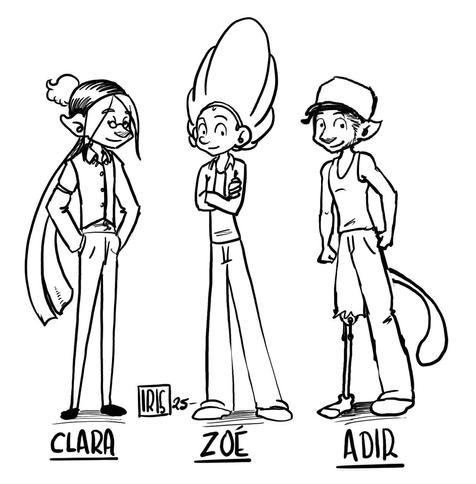 Dessin de Clara, Zoé et Adir, 3 jeunes adultes qui vivent des aventures folles en bd. Quand je l’aurais fini.