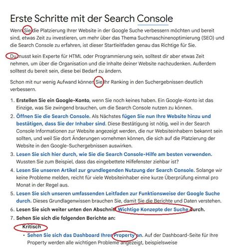 Screenshot: bad German translation of Google's Search Console instructions. Examples include switching between formal and informal address, and awkwardly translated phrases and words.