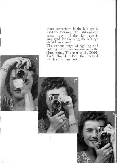 Different suggested grips for vertical shooting with the Contax IIa camera.

Person holding the camera with a complex and precise awkward arrangement of their fingers in different variations.

Source: "Contax IIa - Instruction Book" (Zeiss Ikon AG Stuttgart). Licence: Presumed public domain / archive material.