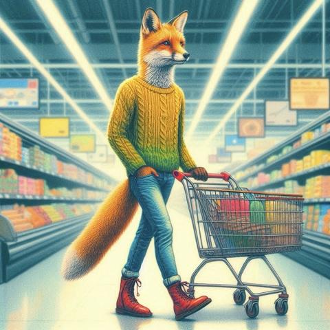 KI-Bild (DALL•E3):

Fritz wie immer modisch schick (gelber Pulli zu Jeans und roten Boots) im schnieken neuen Supermarkt. Es ist sogar gerade nicht voll, aber dafür sucht er alle möglichen Leckereien, die Sortierung ist noch ungewohnt hier.
