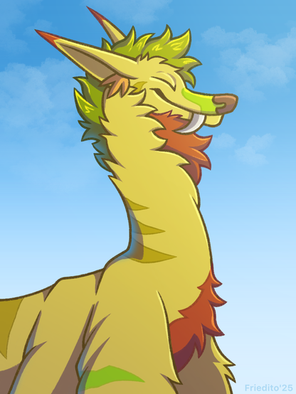 digital illustration of a yellow creature with a longgg neck soakin in the rays