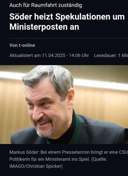 Foto Markus Söder Überschrift Söder heizt Spekulationen um Ministerposten an, Auch für Raumfahrt zuständig