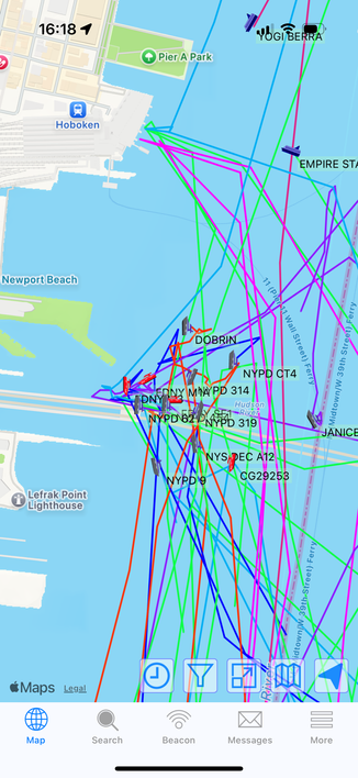 A cluster of boats on aprs.fi around the Holland Tunnel ventilator shaft. Many indicating they are FDNY or NYPD vessels.