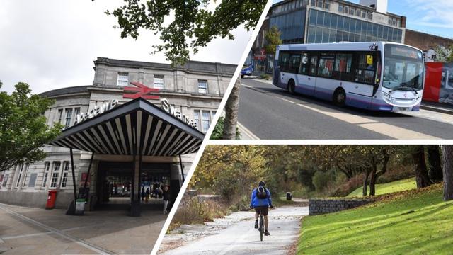Swansea Train station, a bus in Swansea City Centre and someone cycling along Swansea prom