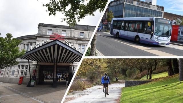 Swansea Train station, a bus in Swansea City Centre and someone cycling along Swansea prom