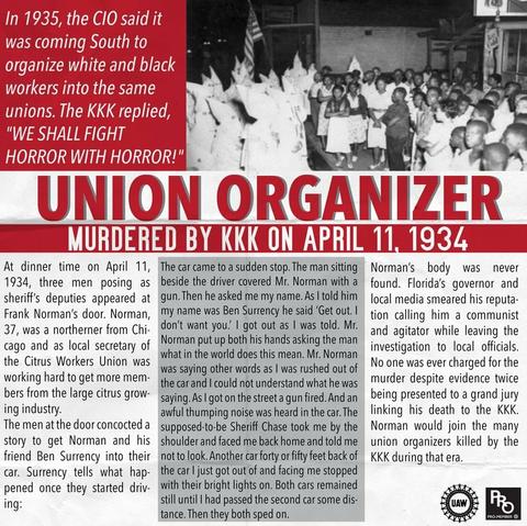 Magazine article, with picture of klansmen, dressed in hoods and robes, facing off against a room full of African American people, and the headline: Union Organizer murdered by kkk on April 11, 1934.