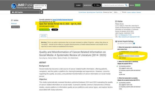 Screenshot of a preprint on the JMIR website

At the top, it says: 
Open Peer Review Period: Feb 27, 2025 - Apr 24, 2025
(currently open for review)
And there's a "peer-review me" button

But on the right, it says that the current preprint settings allow peer review by "editor-selected reviewers (closed peer review)," rather than "anybody (open community peer review)".