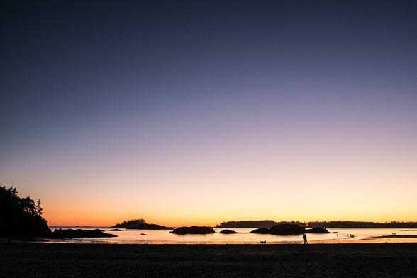 Sunset on a beach: the sky is a gradient going from dark blue to orange as it hits the horizon. The smal islands of the shore are dark shadows. Walking on the beach the silhouette of a person and a dog, to the left, rocks and trees, the the water reflect the light of the sunset.