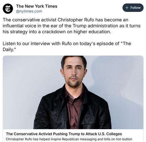 screenshot of NYT featuring yet another interview with top authoritarian propagandist Chris Rufo