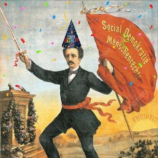 Ferdinand Lassalle mit Konfetti und Geburtstagskindhut