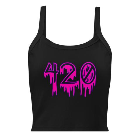 The front of a black tank top with the number 420 in a creepy, dripping font. The numbers are pink with a blue outline.