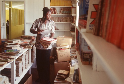 A woman works in a library