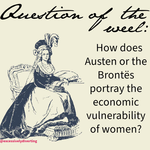 Light yellow background. Half of the image depicts a Georgian woman sitting at a desk. Above her head, it says, "Question of the week." To her left it says, "How does Austen or the Brontës portray the economic vulnerability of women?"