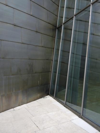 Color photo of a point on the exterior of a building where two walls appear to intersect. The wall on the left is clad in rectangular sheets of titanium. The wall on the right - which is canted - is composed of large, vertically oriented panes of glass. A wedge of smooth, light colored pavement occupies the foreground.