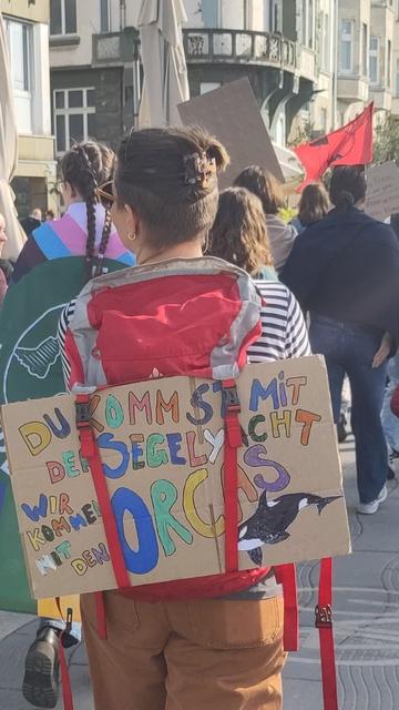 am Rücken einer Person sieht man ein Pappschild: "Du kommst mit der Segelyacht, wir kommen mit den Orcas"

Im Hintergrund sieht man Teile des Demozugs, u.a. eine rote Fahne und eine Person mit dem Progress-Pride-FFF-Umhang